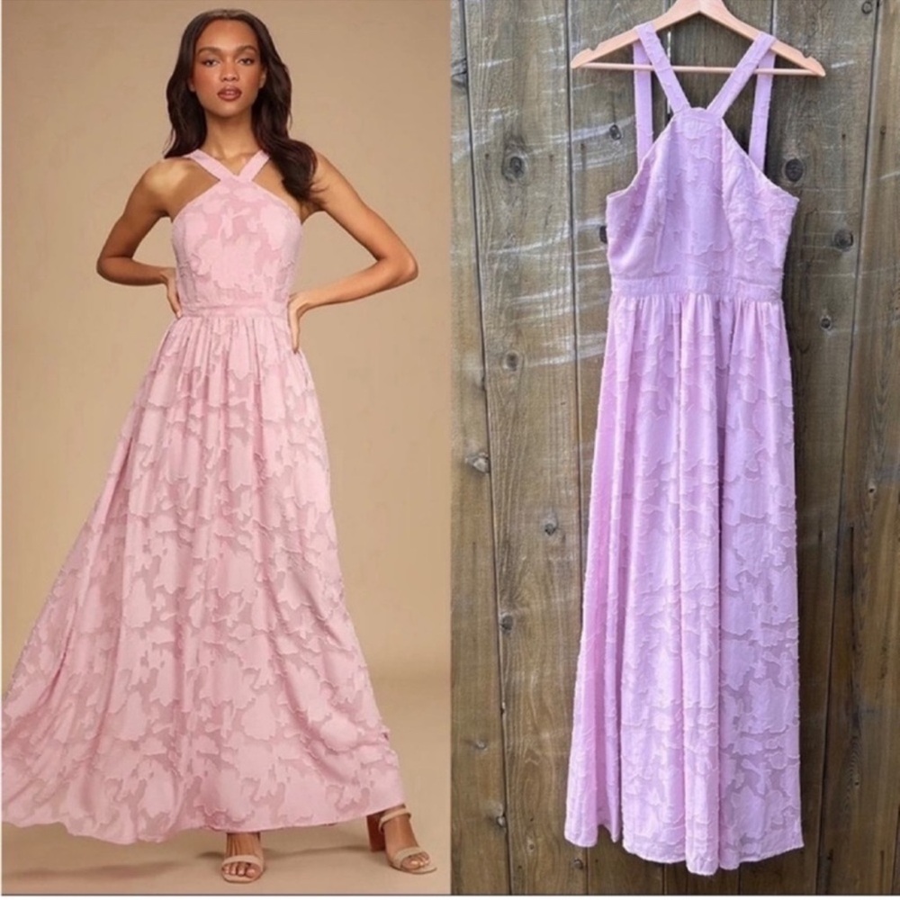 Mauve Pink Halter Floral Chiffon Burnout Jacquard Dress 🌿